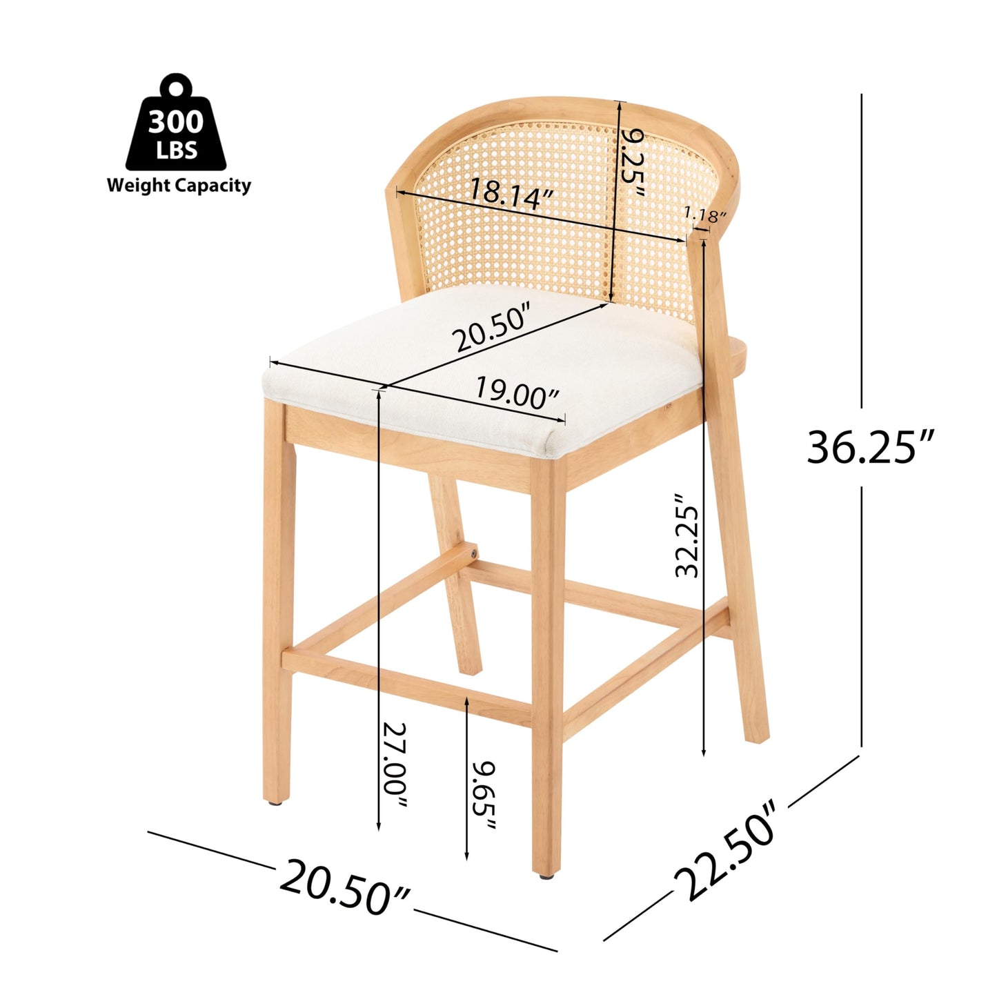 Christopher Knight Home JENA Rattan Counter Stools Set of 2, Counter Height Bar Stools for Bar Table, Rubberwood Frame with Upholstered Barstools, Wood Accent Chair with Footrest, Beige + Walnut