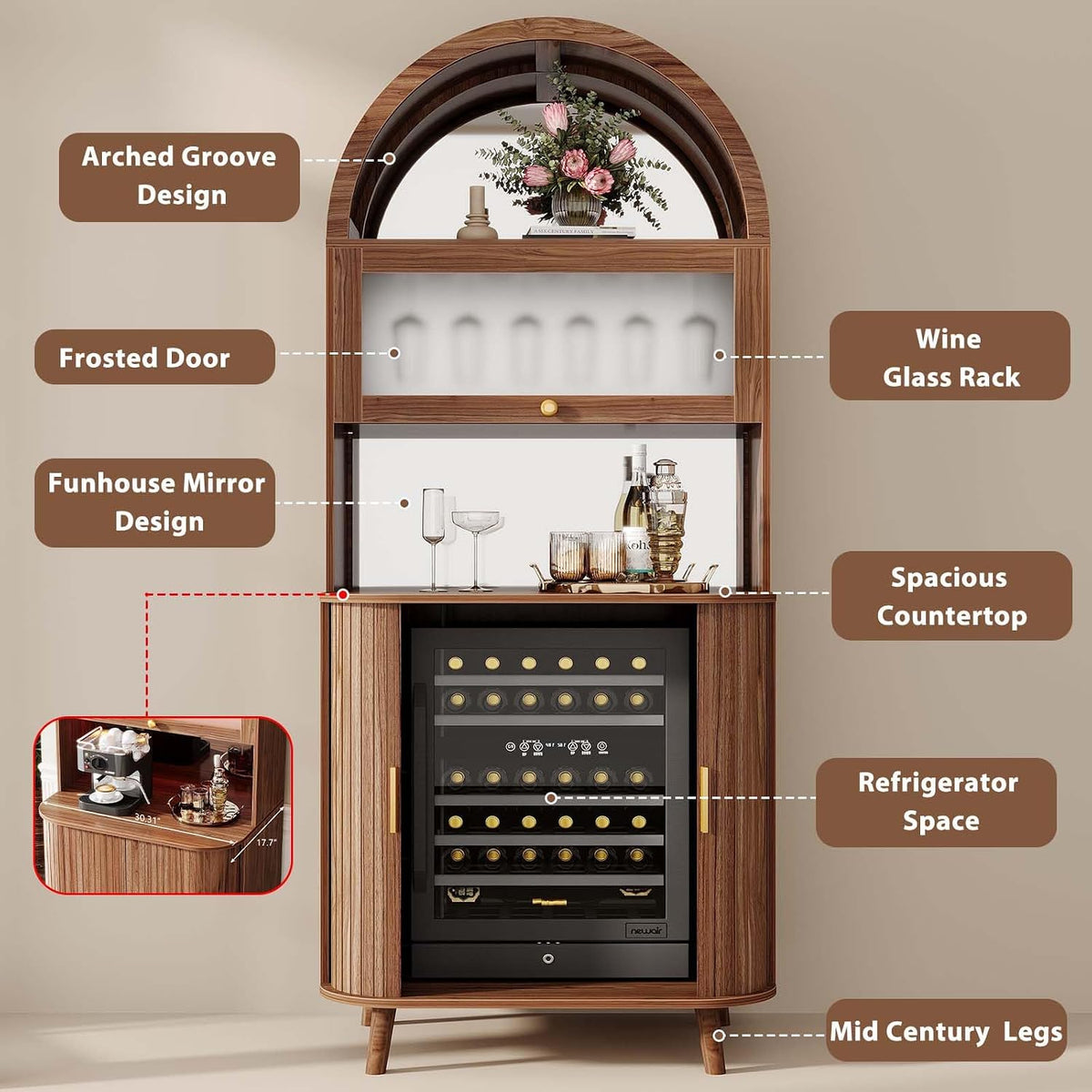 Wine Arched Bar Fridge Cabinet 73 Inch