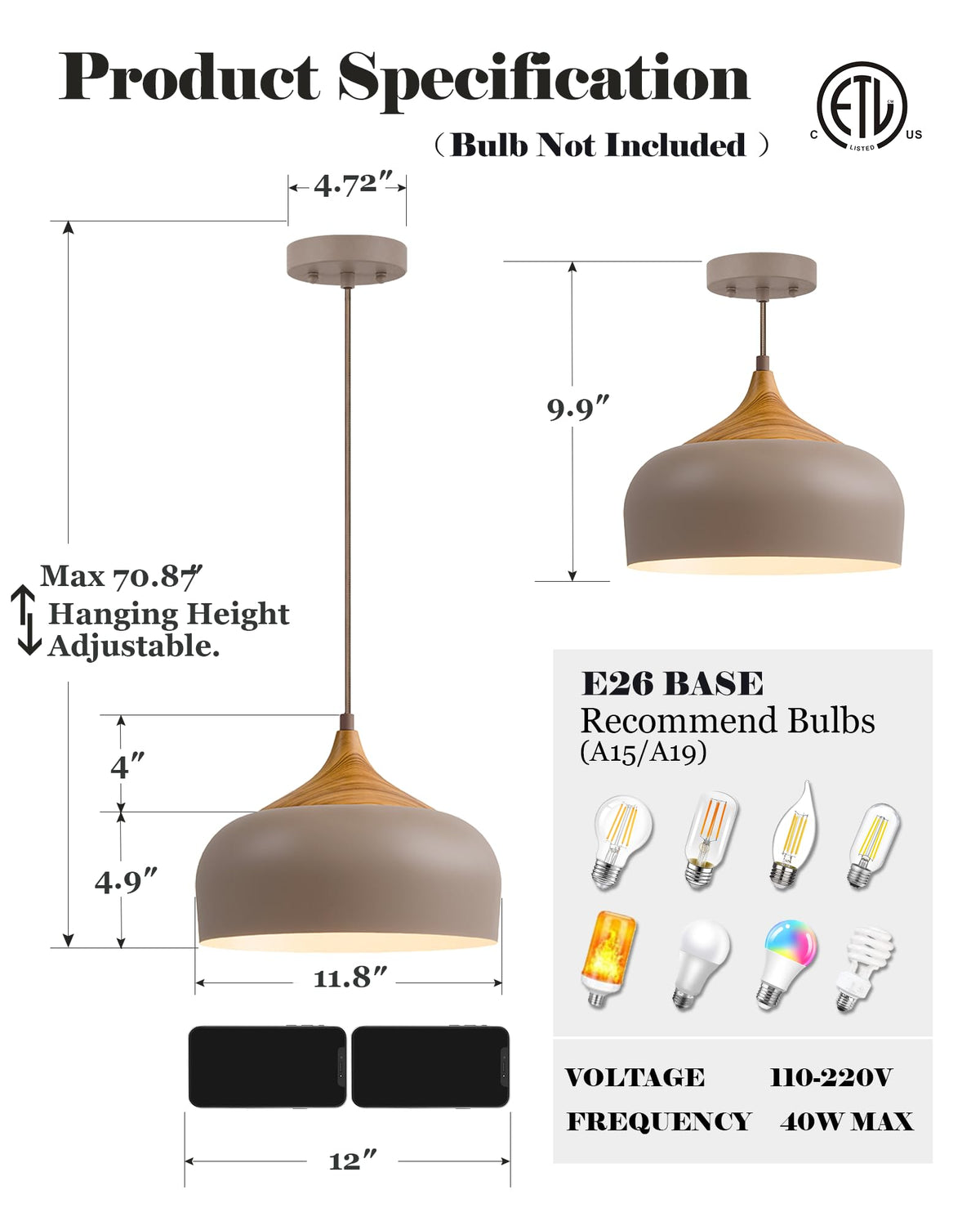 Modern Walnut Wooden Pendant Dome Light