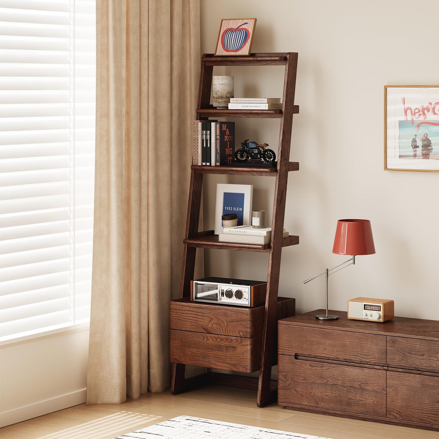 Solid Oak 3 Tier Ladder Bookshelf