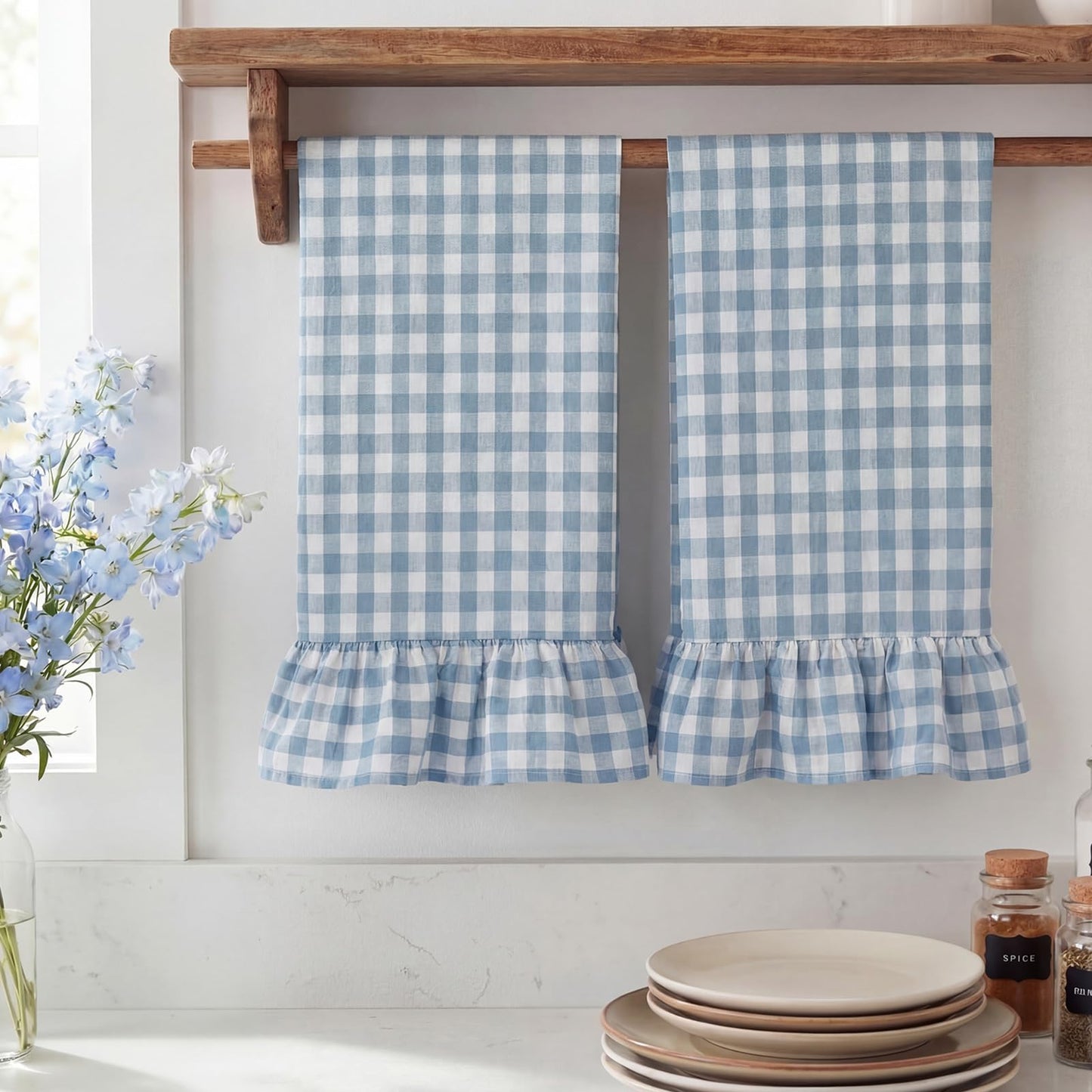 HunnmingRe Taupe Kitchen Towels Set of 2, 100% Cotton Ruffled Gingham Dish Towels 18"x28" Tea Cloths Classic Plaid Pattern for Farmhouse Charm, Drying Dishes, Entertaining Guests