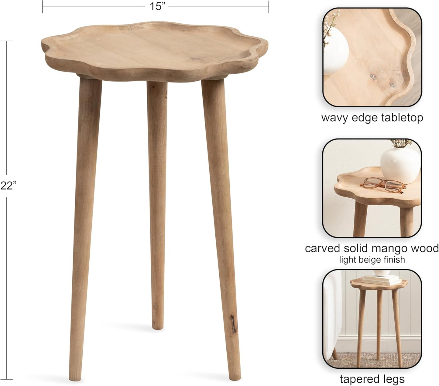 Kate and Laurel Alezar Modern Wooden Round Side Table, 15 x 15 x 22, Walnut Brown, Mid-Century Solid Wood End Table with Wavy Edge for Bedroom Nightstand or Living Room Accent Table