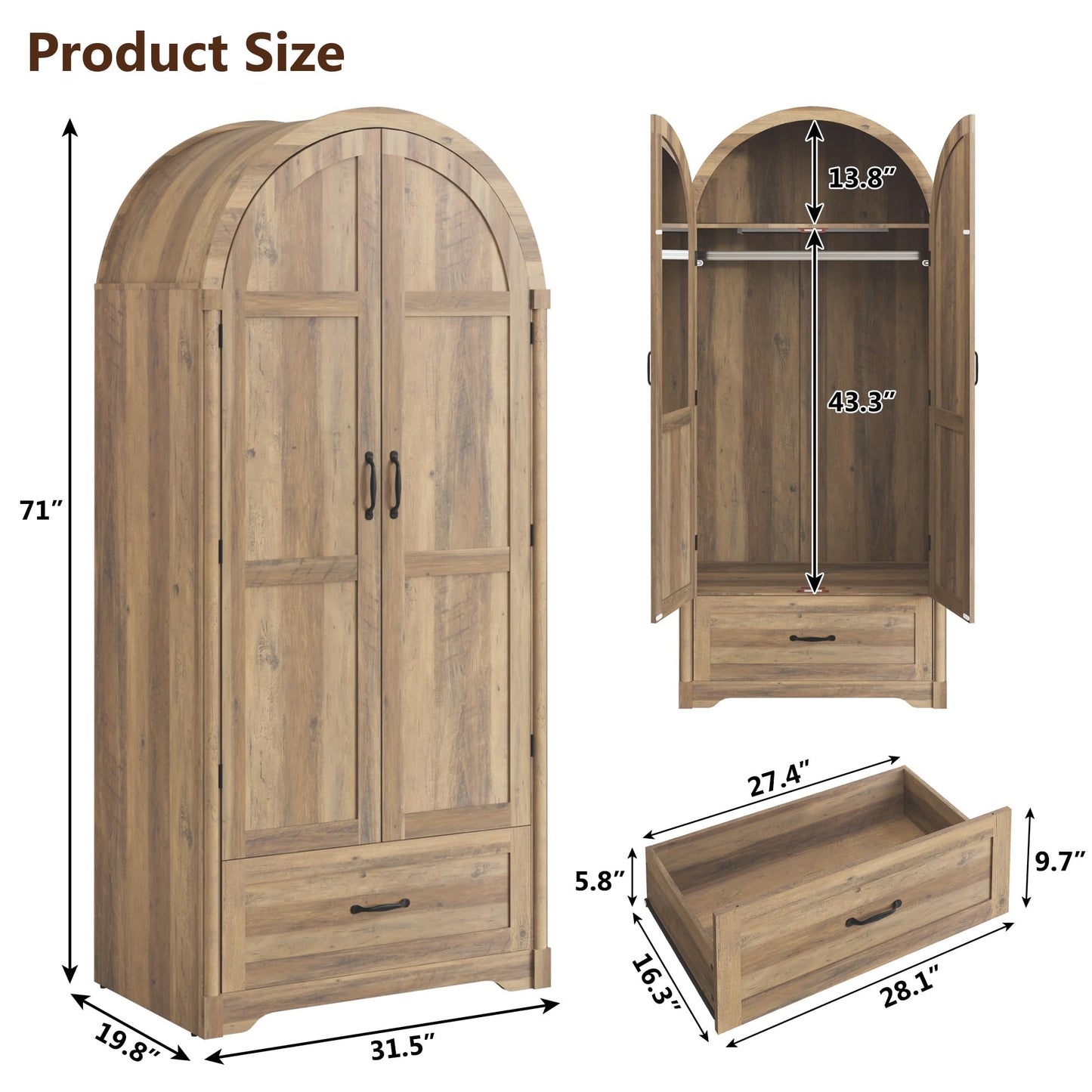 3 Doors Armoire Wardrobe Closet with Doors and Drawers