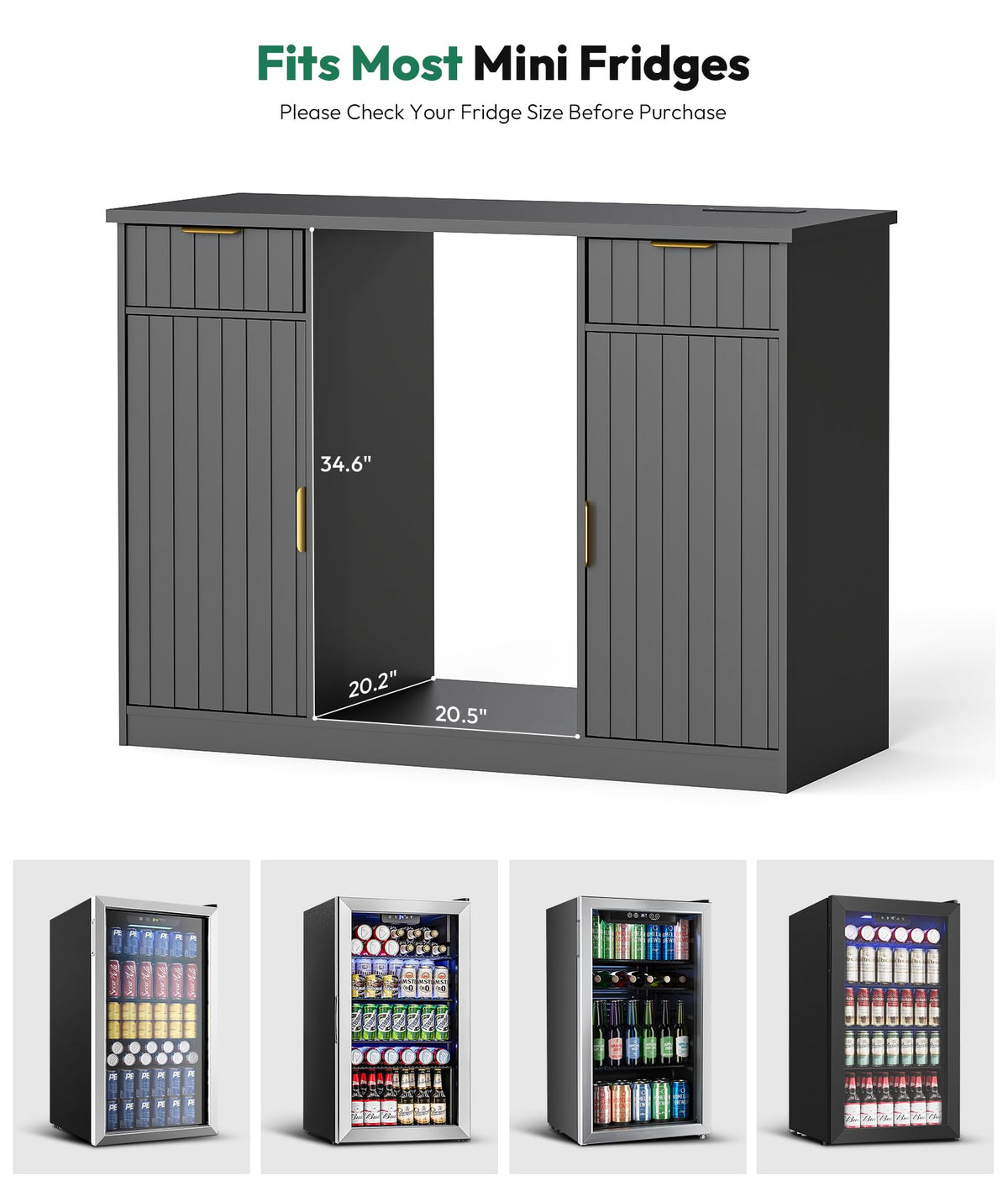 Mini Fridge Cabinet with Hutch and Wine Glass Rack