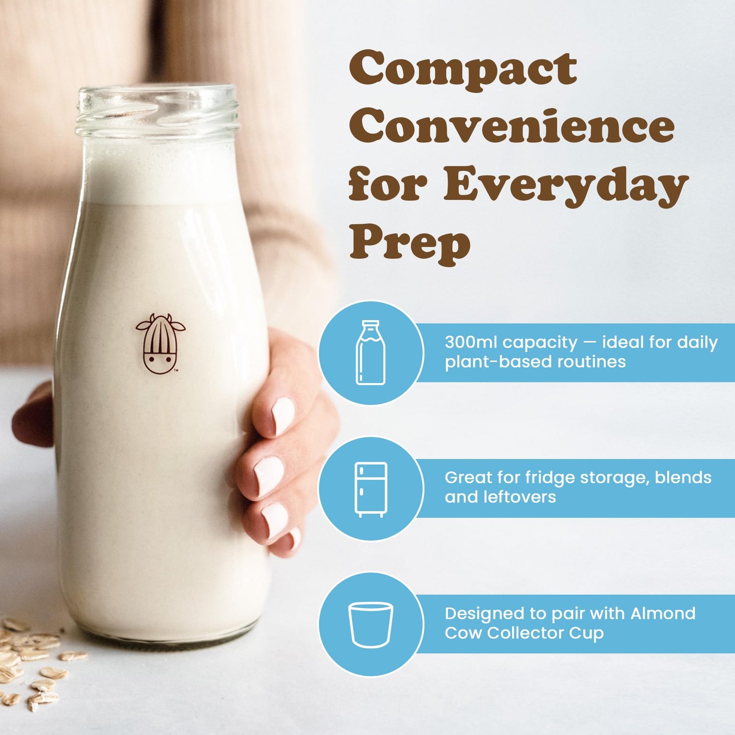 Almond Cow - Glass Pitcher with Lid and Spout, Glass Bottle Milk Container for Refrigerator, Clear Milk Jar Bottles, Food-Grade Liquid Container - 60 fl oz Capacity, 5 x 4 x 10 Inches
