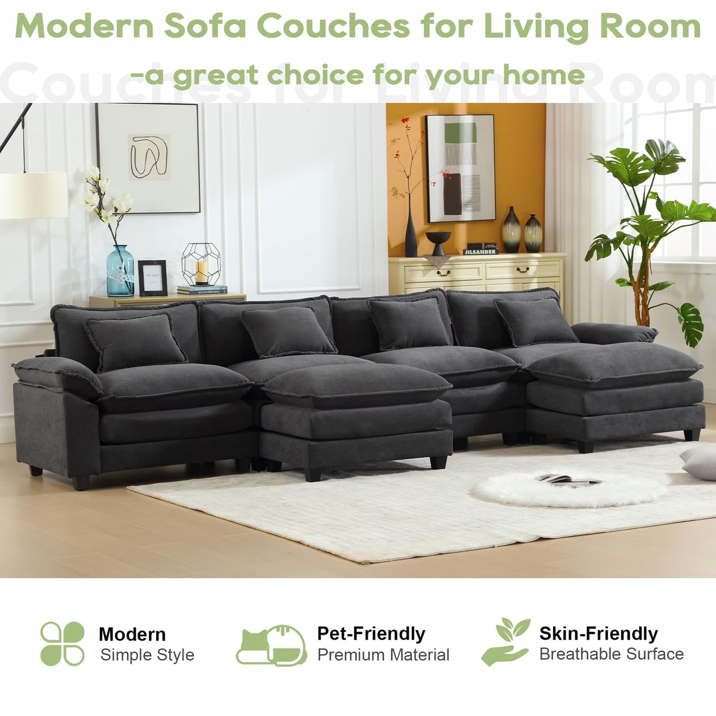 120" Modular Sectional Sofa, Comfy Cloud Couch Sectional Sofa with Ottoman, Chenille Sofa Sleeper Deep Seat Sofa with Throw Pillows for Living Room (Beige White, 120"- U Shape)