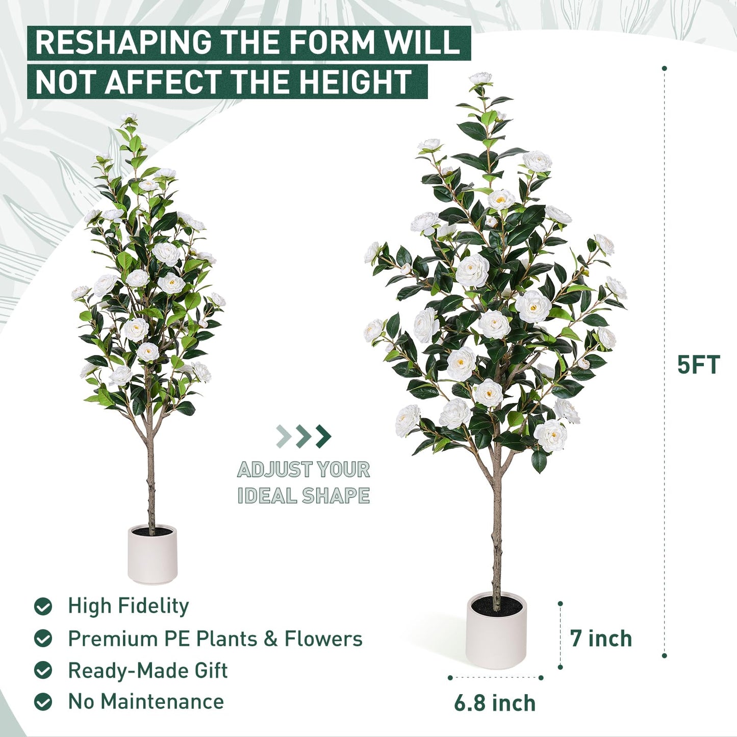 Yepdin 63 inch Artificial Camellia Tree with White Flower Pots - White Fake Tree,5 Ft Faux Plants Indoor wich Blooming,Artificial Plants for Indoor & Outdoor Home Front Door Decor