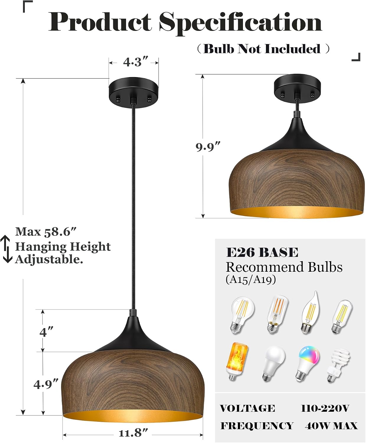 Modern Walnut Wooden Pendant Dome Light