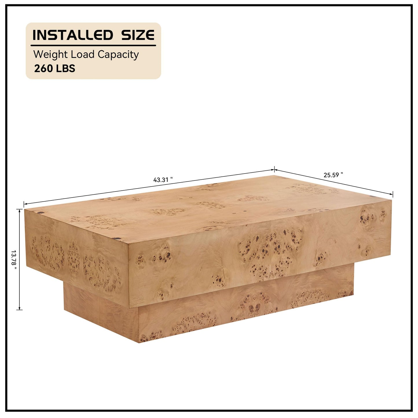 WILLIAMSPACE 43.31" Rectangle Coffee Table with Burl Wood Veneer & Sturdy Base, Modern Luxury Wood Drum Center Table End Table Accent Side Table for Living Room, Minimalist Fluted Design, Oak