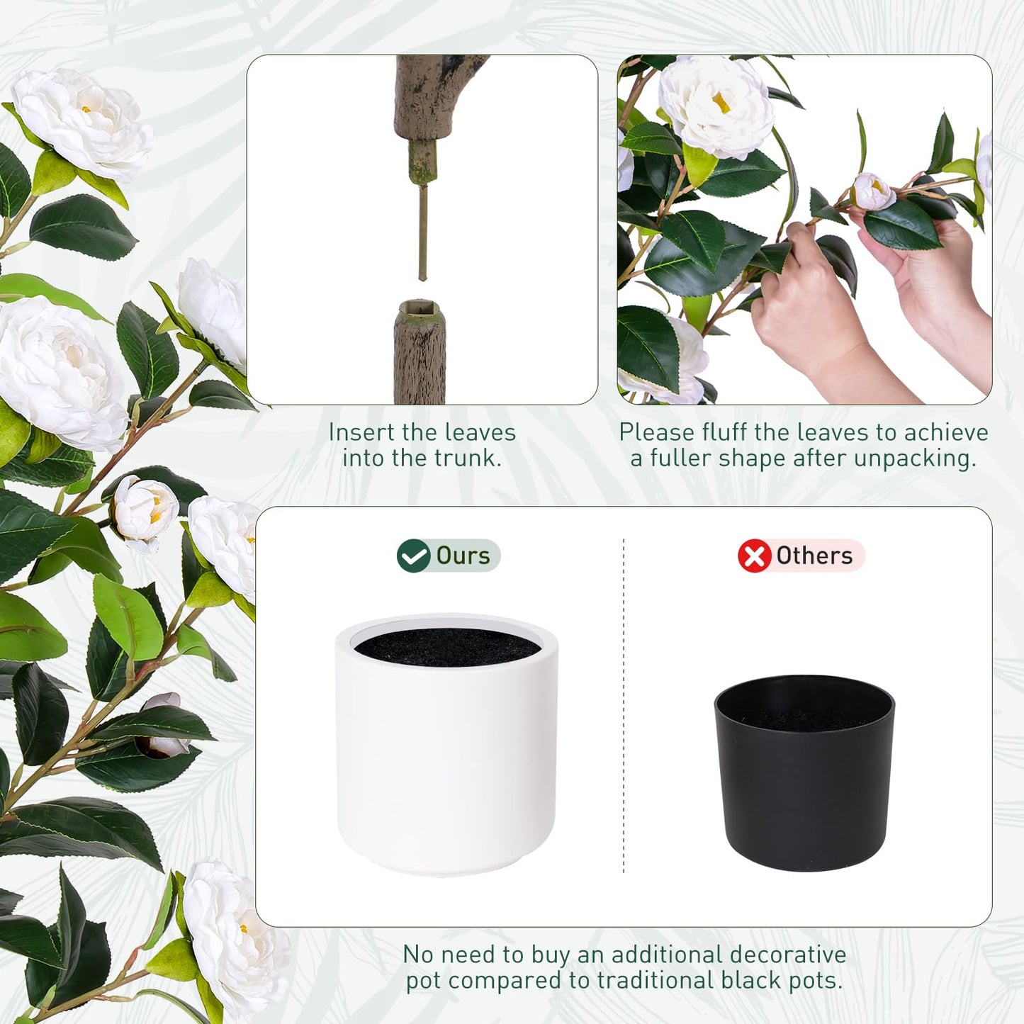 Yepdin 63 inch Artificial Camellia Tree with White Flower Pots - White Fake Tree,5 Ft Faux Plants Indoor wich Blooming,Artificial Plants for Indoor & Outdoor Home Front Door Decor