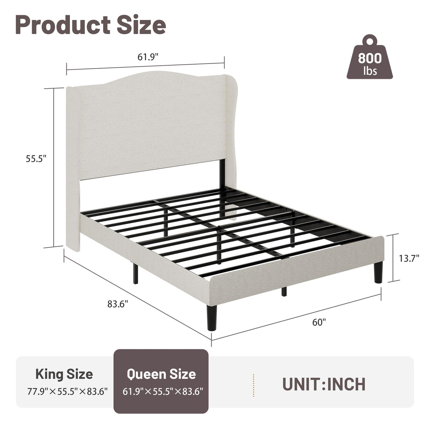 King Bed Frame with Extra Tall 55.5" Wingback Headboard, White Boucle Upholstered Platform Bed Frame, Modern Cloud Bed, Noise-Free, Metal Slats Support, No Box Spring Needed