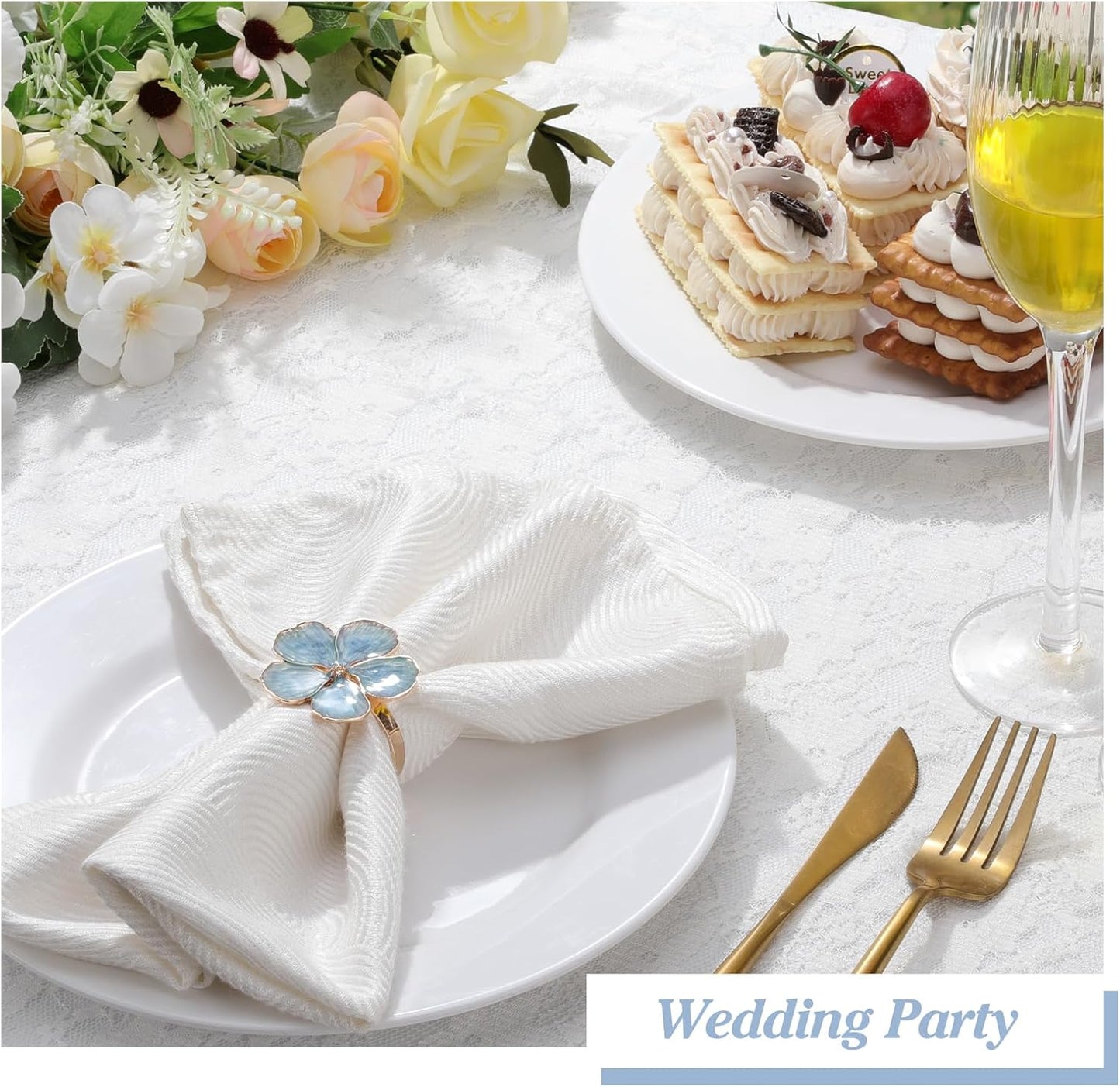 Lewondr Napkin Rings Set of 6 Flowers Napkin Ring Holders Dinner Tables Rings Elegant Ornament Table Setting Decoration for Wedding, Christmas, Thanksgiving, Birthday, Holiday, Party, Blue