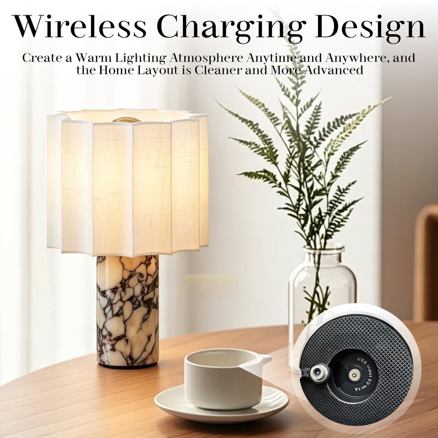 Cordless Marble Table Lamp with USB Port Rechargeable Battery