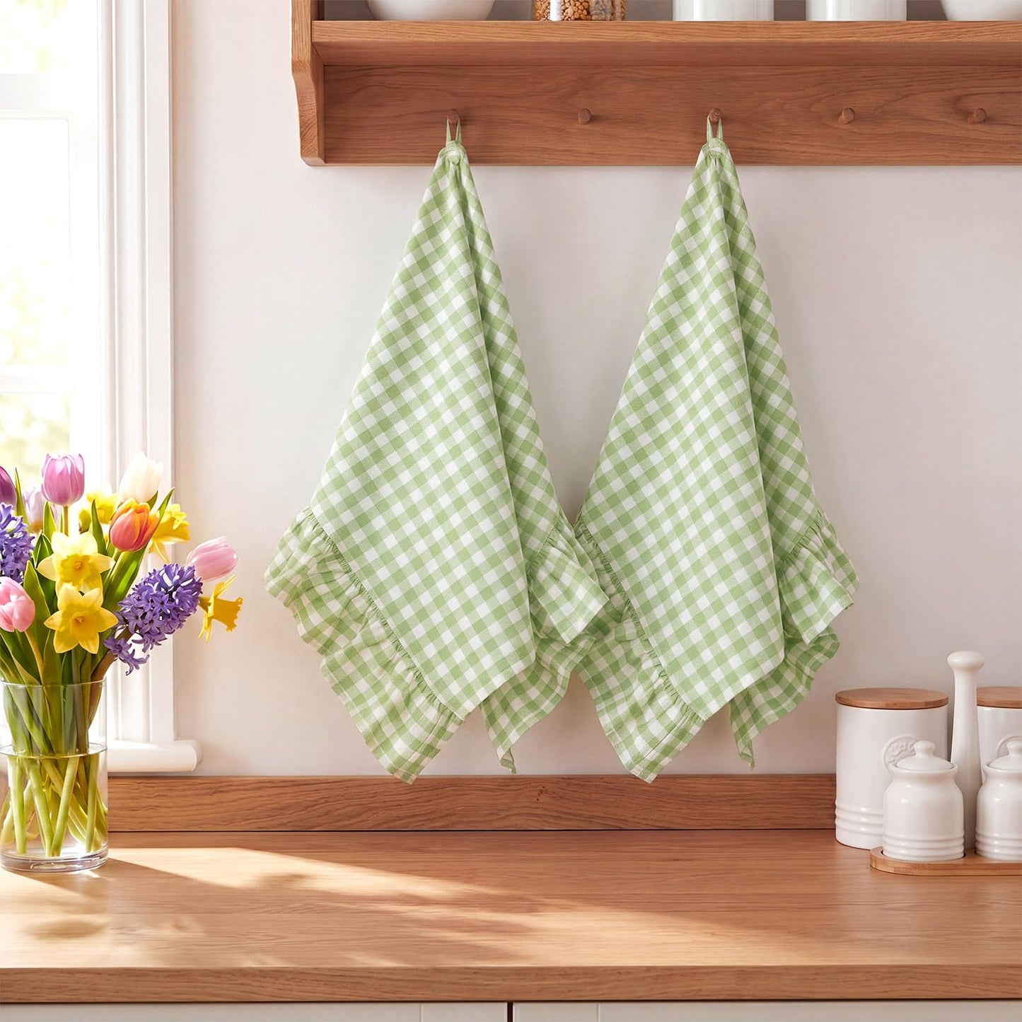HunnmingRe Taupe Kitchen Towels Set of 2, 100% Cotton Ruffled Gingham Dish Towels 18"x28" Tea Cloths Classic Plaid Pattern for Farmhouse Charm, Drying Dishes, Entertaining Guests