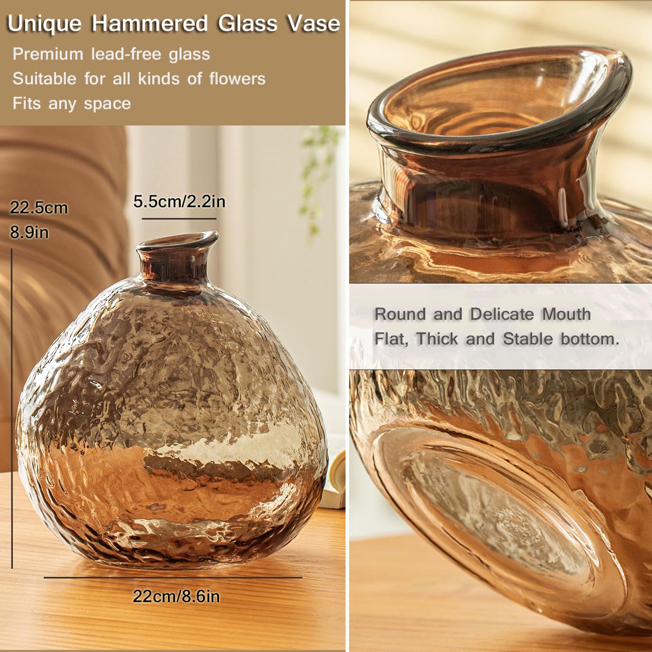 Unique Hammered Brown Glass Vase for Plants Decor Ribbed Embossed Flower Vases for Centerpieces Living Room Entrance Table Decoration,Brown