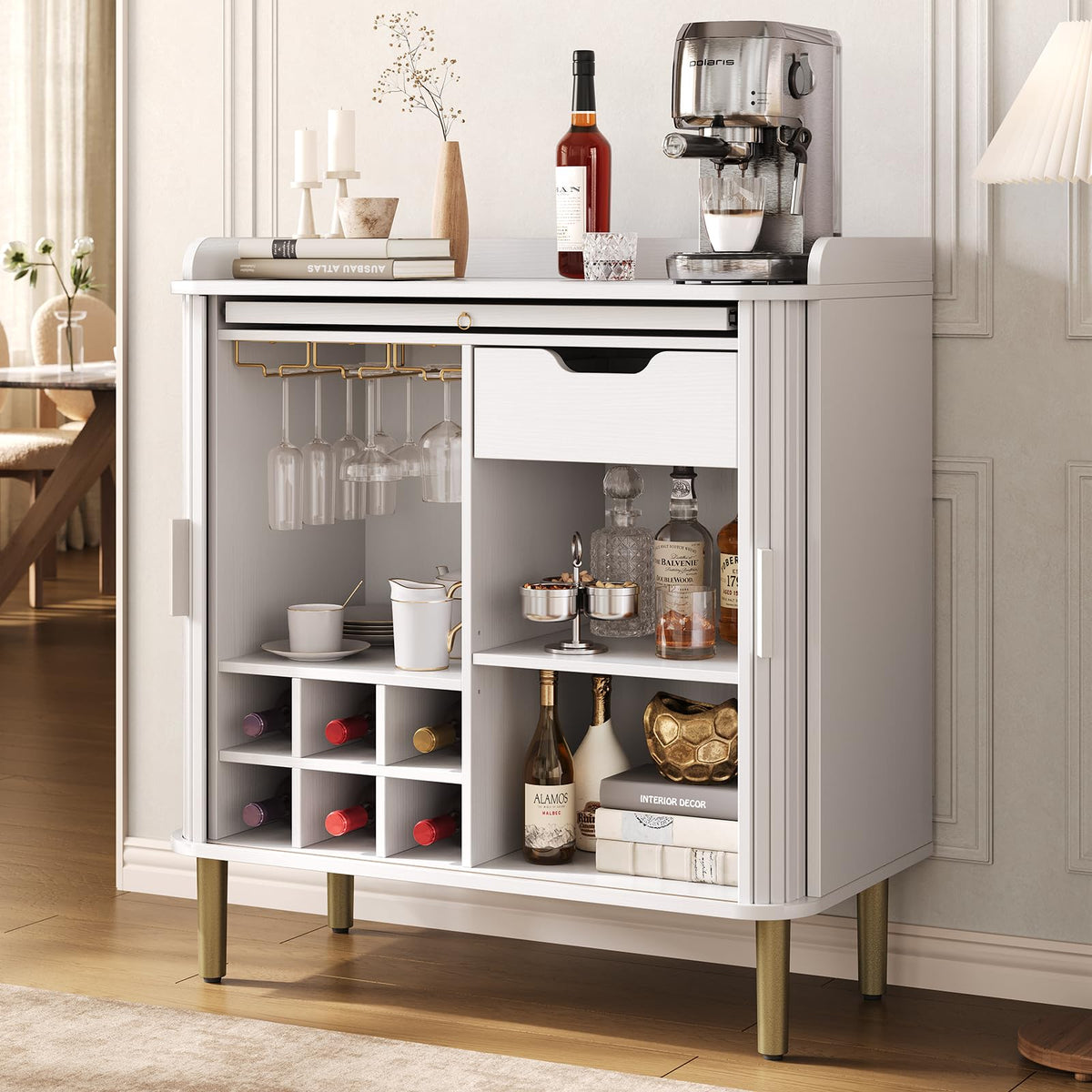 33" H Fluted Bar Cabinet with Storage, Wine Cabinet