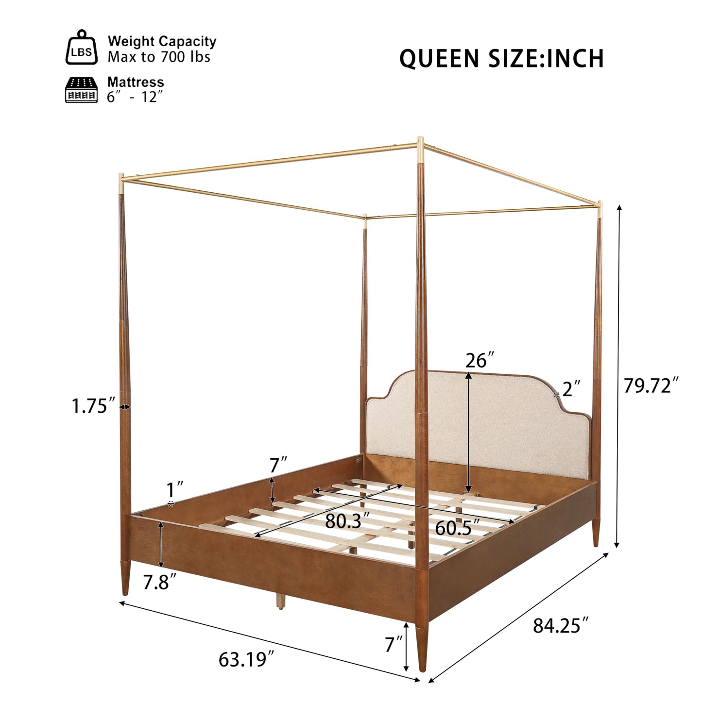 Vintage Upholstered 4-Poster Canopy Bed