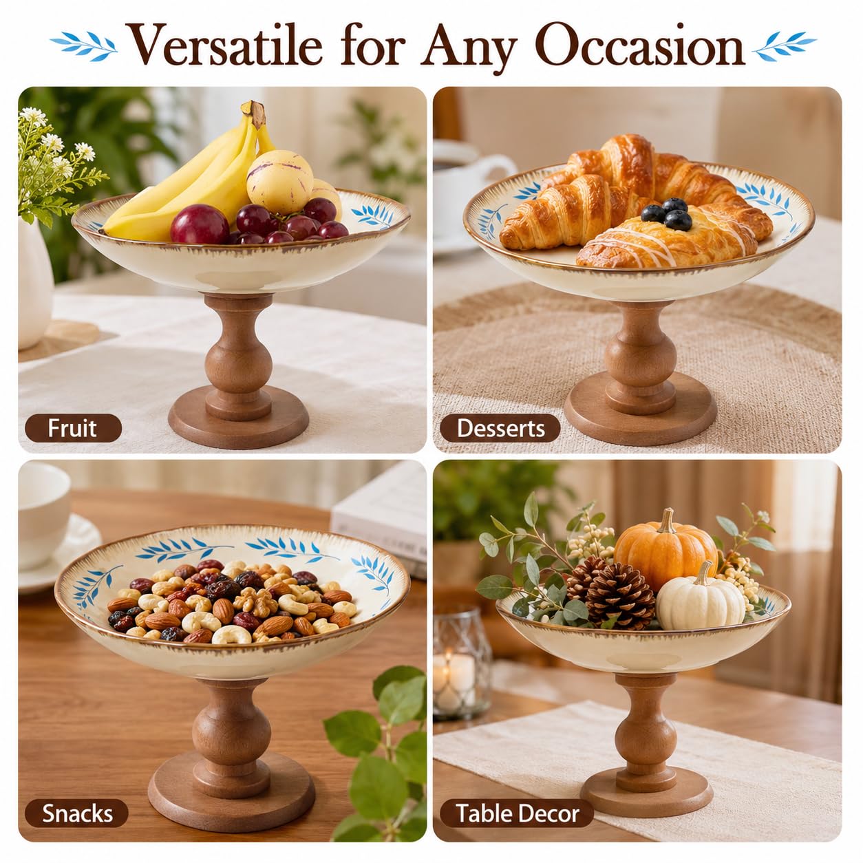 9″ Ceramic Pedestal Fruit Bowl with Removable Wooden Stand, Decorative Floral Serving Bowl for Kitchen Counter, Fruit, Desserts, Vegetables & Home Decor