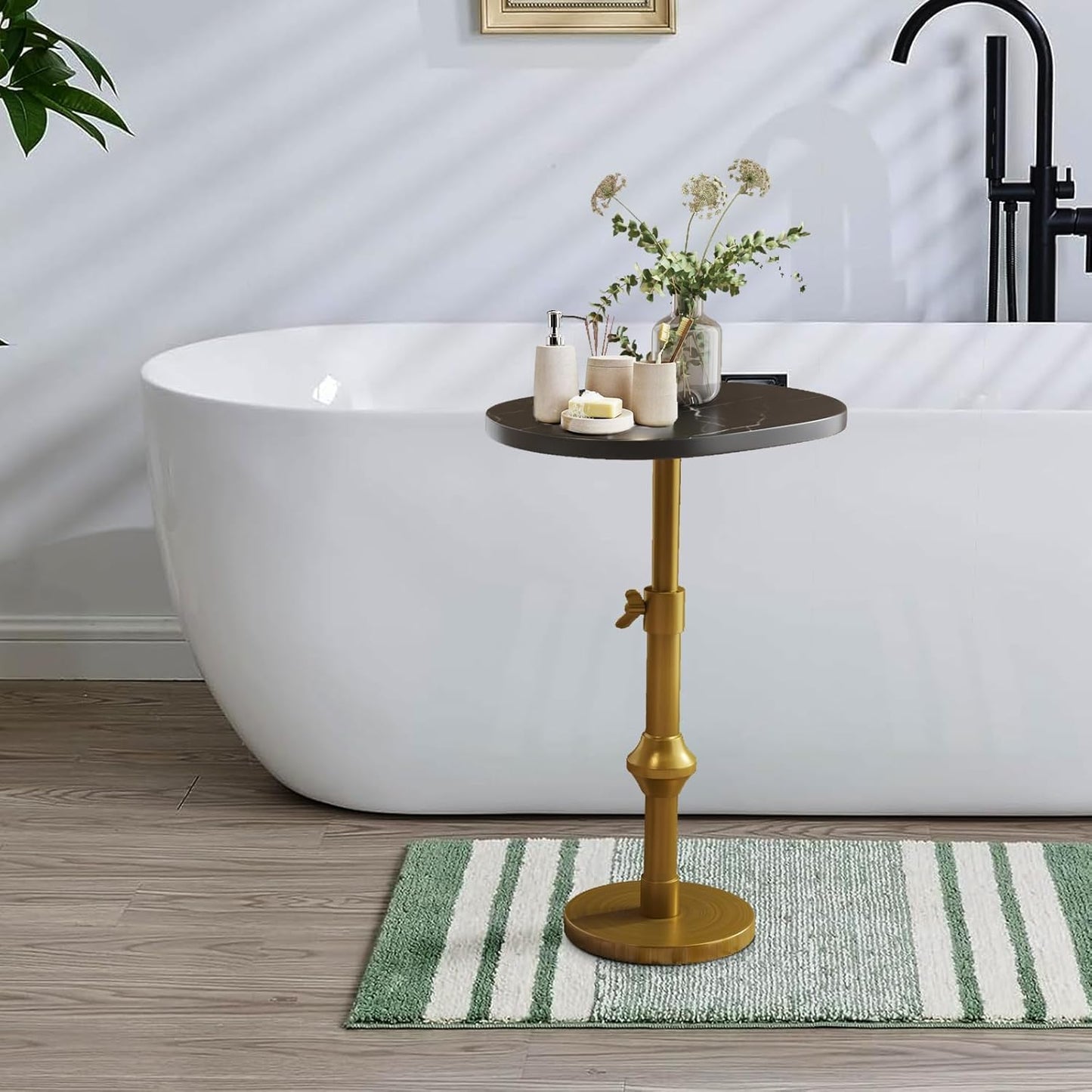 Adjustable Side Table with Antique Brass Stand Base