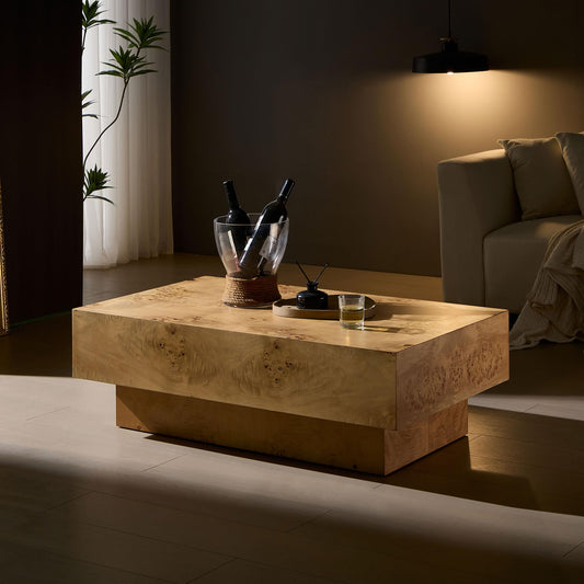 WILLIAMSPACE 43.31" Rectangle Coffee Table with Burl Wood Veneer & Sturdy Base, Modern Luxury Wood Drum Center Table End Table Accent Side Table for Living Room, Minimalist Fluted Design, Oak