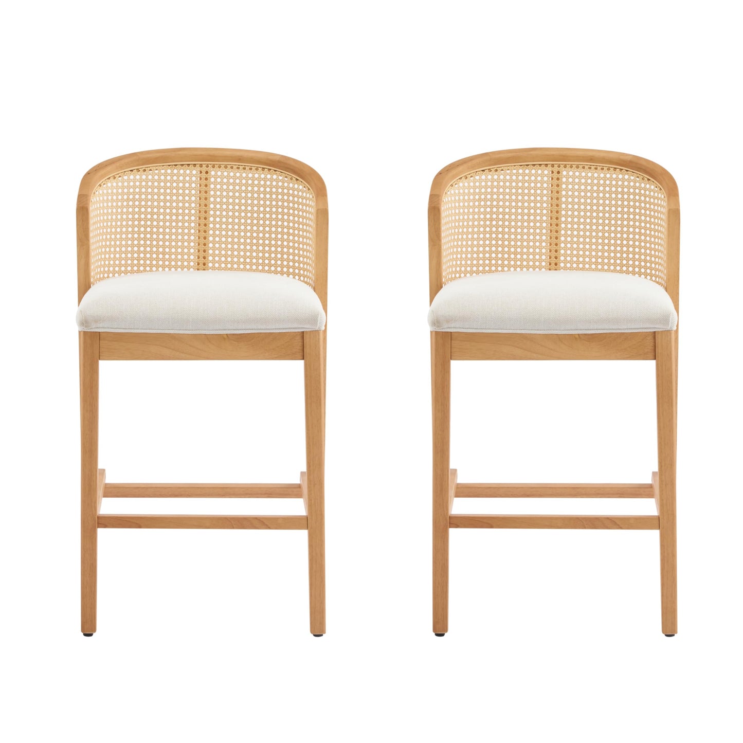 Christopher Knight Home JENA Rattan Counter Stools Set of 2, Counter Height Bar Stools for Bar Table, Rubberwood Frame with Upholstered Barstools, Wood Accent Chair with Footrest, Beige + Walnut