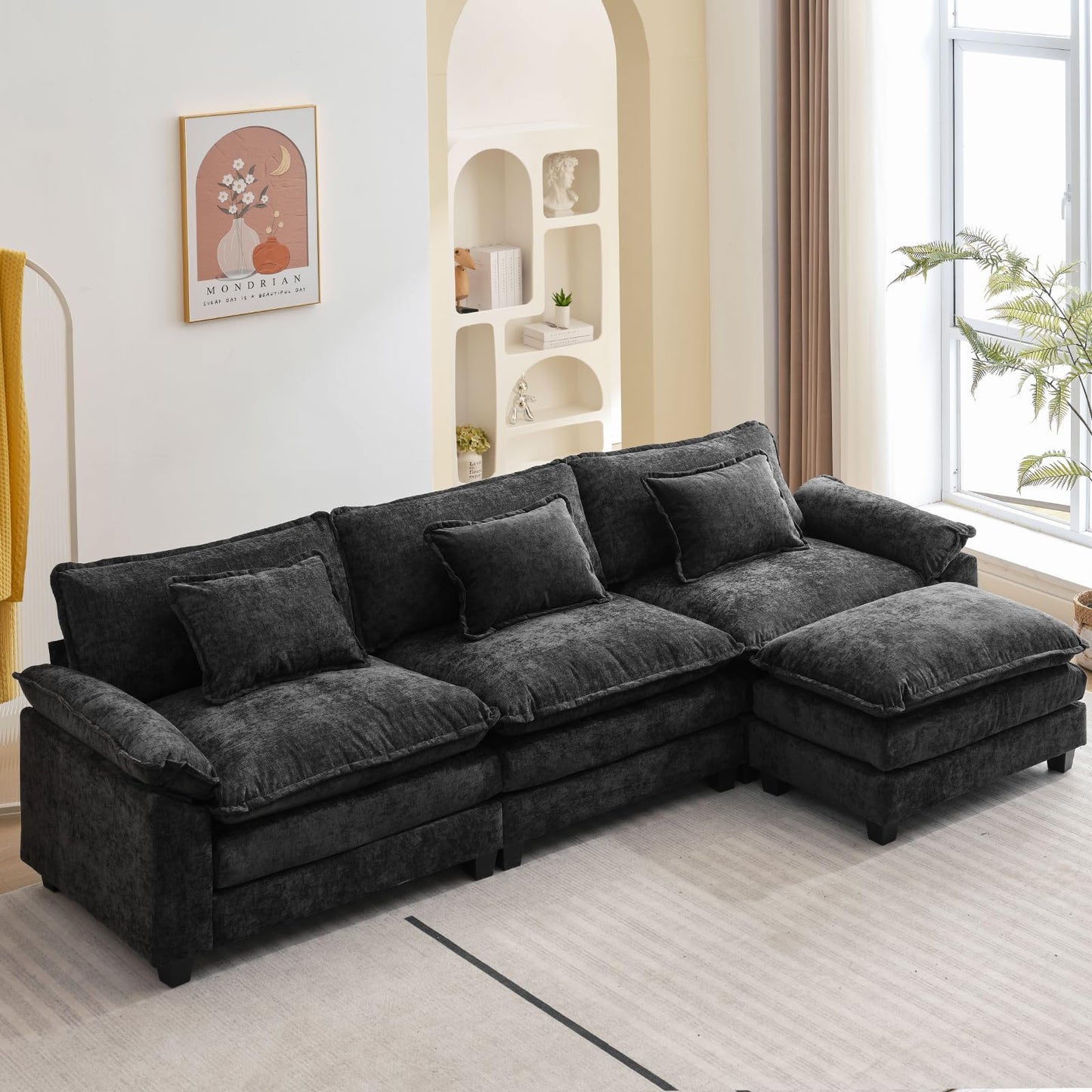 120" Modular Sectional Sofa, Comfy Cloud Couch Sectional Sofa with Ottoman, Chenille Sofa Sleeper Deep Seat Sofa with Throw Pillows for Living Room (Beige White, 120"- U Shape)