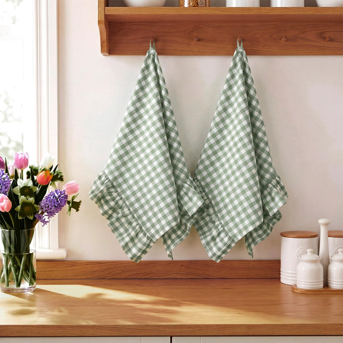 HunnmingRe Taupe Kitchen Towels Set of 2, 100% Cotton Ruffled Gingham Dish Towels 18"x28" Tea Cloths Classic Plaid Pattern for Farmhouse Charm, Drying Dishes, Entertaining Guests