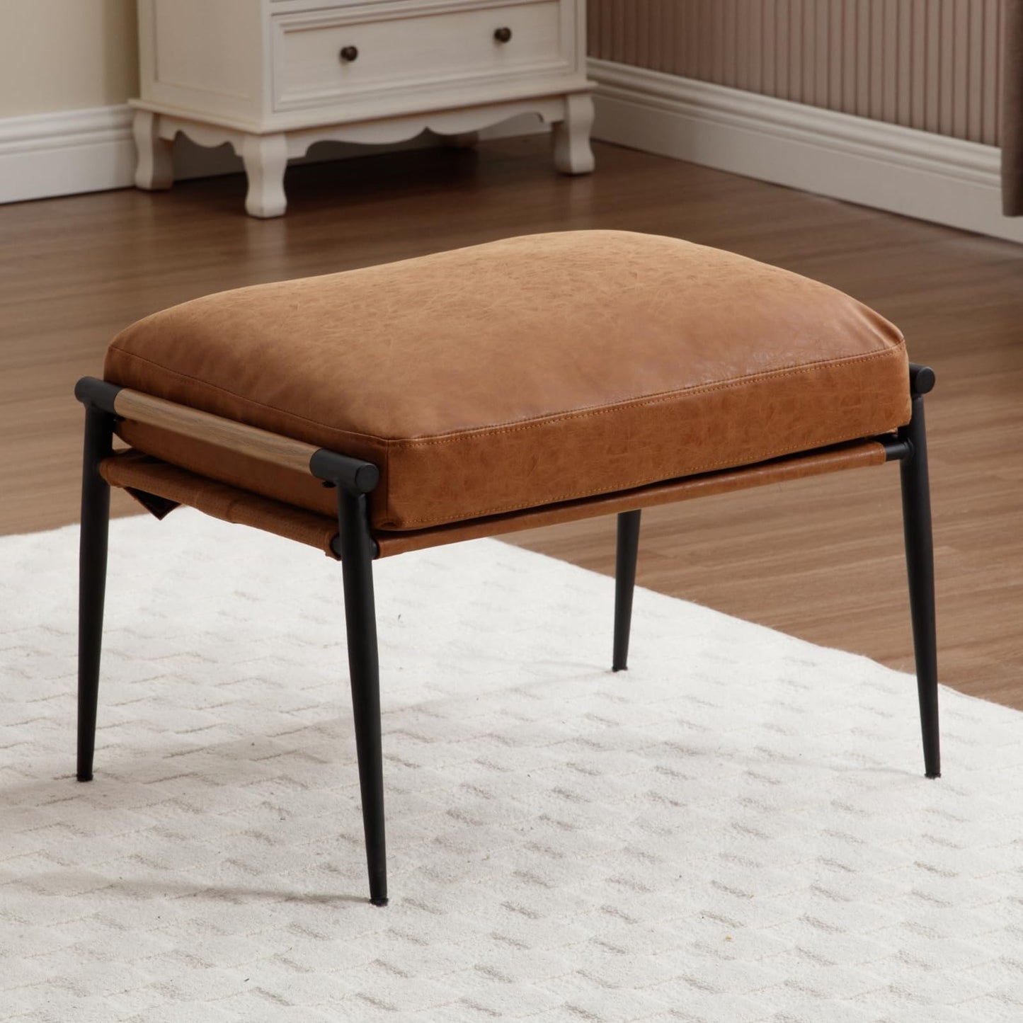 Chenille Upholstered Footstool with Black Legs