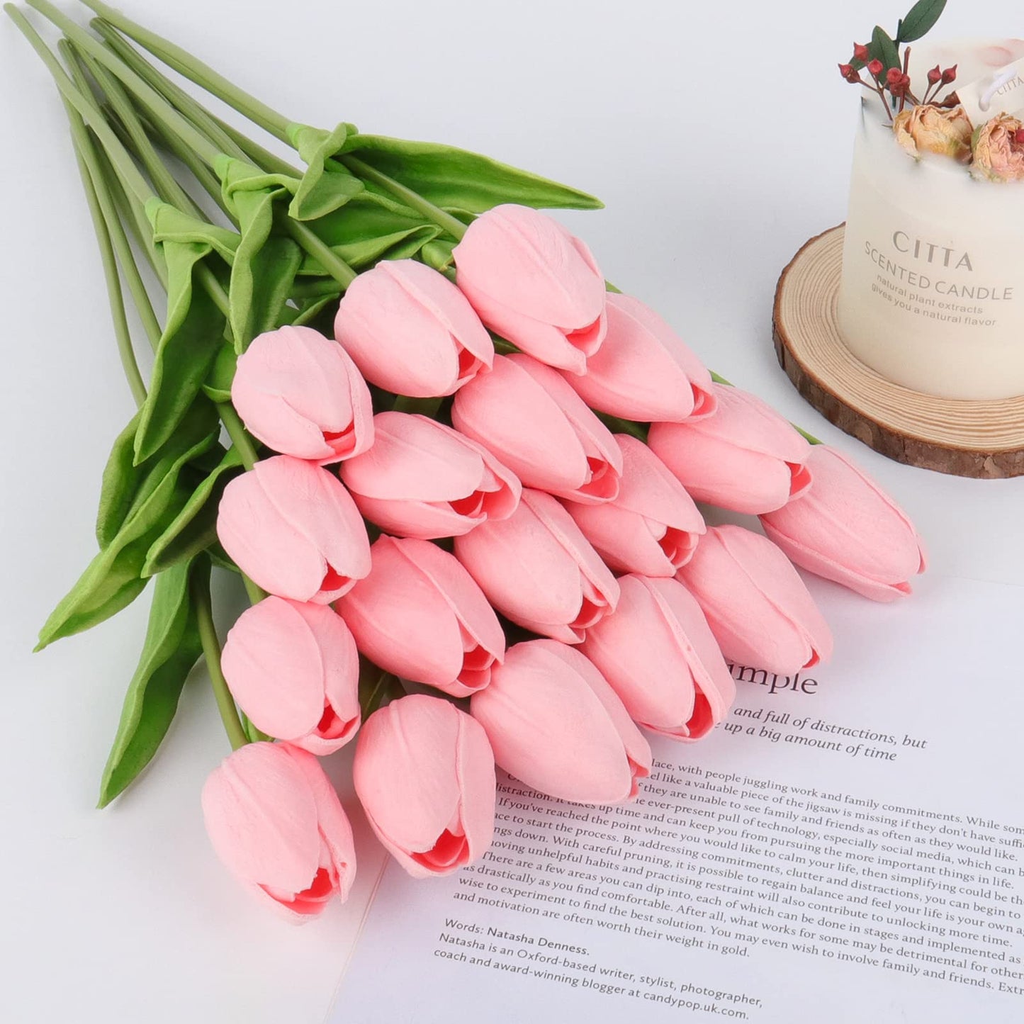 Beferr White Tulips Artificial Flowers 18Pcs Faux Silk Tulip Real Touch Tulip Fake Flowers Bouquets Arrangements for Mother's Day Easter Spring Flowers Gifts Home Table Decor