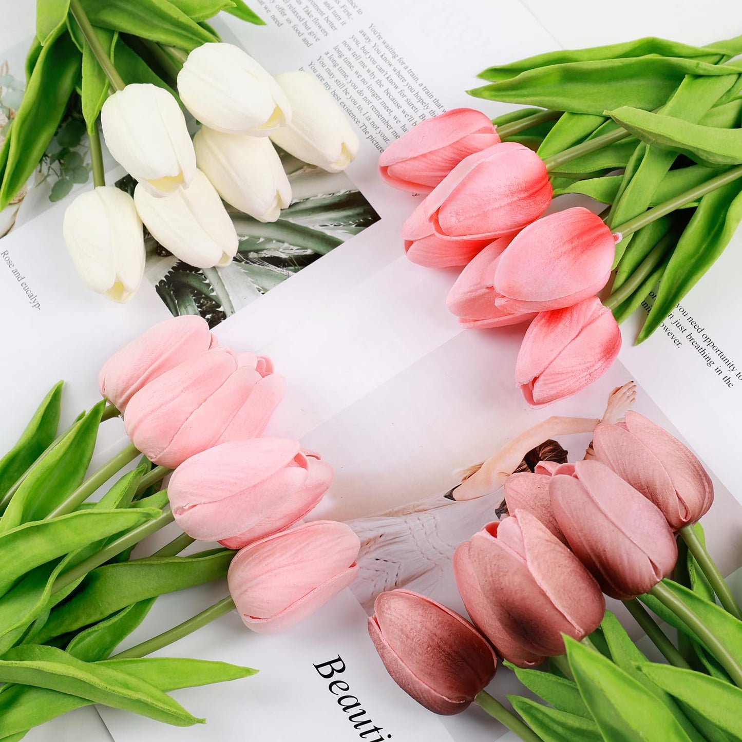 Beferr White Tulips Artificial Flowers 18Pcs Faux Silk Tulip Real Touch Tulip Fake Flowers Bouquets Arrangements for Mother's Day Easter Spring Flowers Gifts Home Table Decor