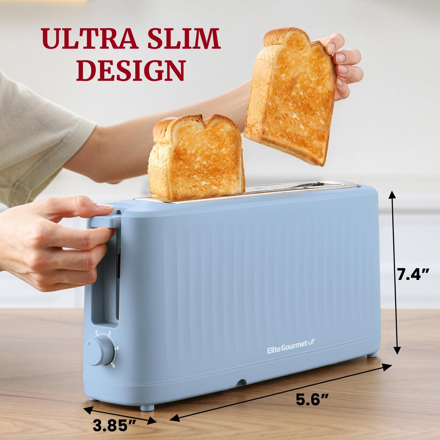 Elite Gourmet ECT2517C SLIMTOAST™ 2-Slice Long Slot Toaster, Cool-Touch Body, 6 Browning Shades, Extra-Wide 1.5" Slot for Artisan Bread, Bagels, Waffles & English Muffins, Cremello