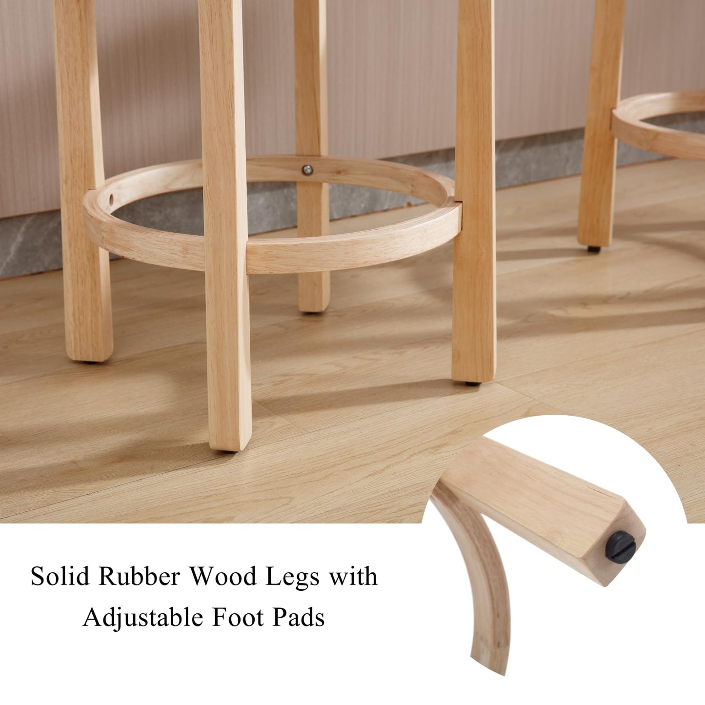 LukeAlon Mid Century Linen Counter Stools Set of 3, Upholstered 26.5" Seat Height Low Barstools with Natural Wood Legs Round Low Back Kitchen Stools with Footrest for Dining Room, Beige