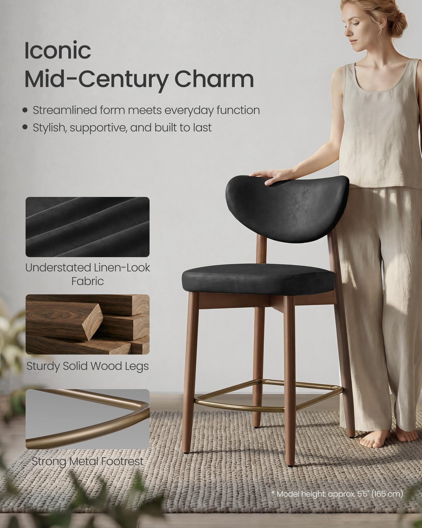 VASAGLE Wooden Bar Stools Set of 2, Upholstered Counter Height Barstools with Solid Wood Legs, Ergonomic Backrest, Mid Century Modern, for Kitchen Island, Linen-Look Fabric, Cappuccino Beige