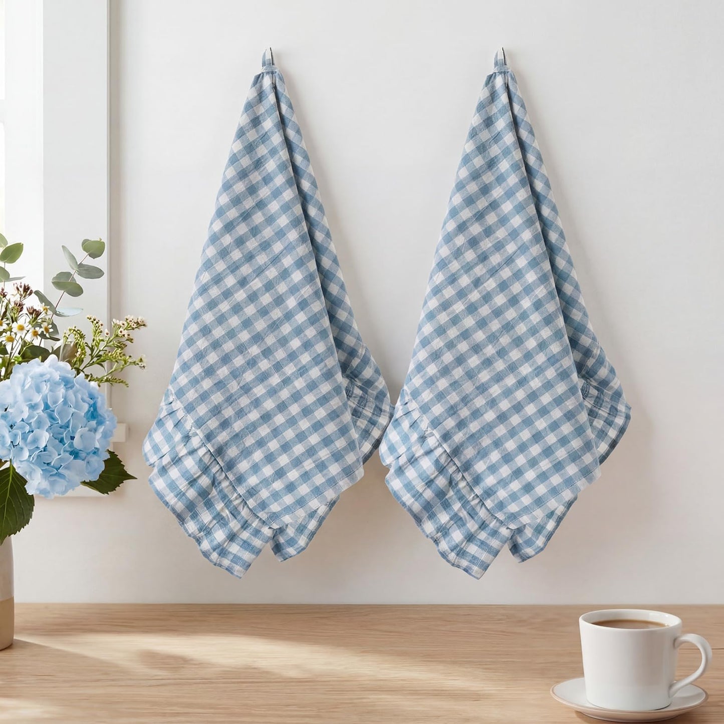 HunnmingRe Taupe Kitchen Towels Set of 2, 100% Cotton Ruffled Gingham Dish Towels 18"x28" Tea Cloths Classic Plaid Pattern for Farmhouse Charm, Drying Dishes, Entertaining Guests