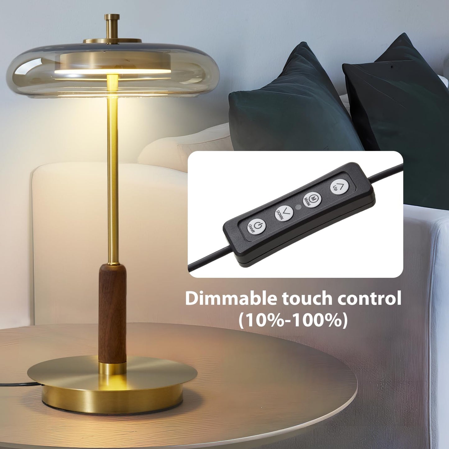 Brass Base Mushroom Table Lamp for Bedroom, Small Desk Lamp with Amber Glass Shade, LED Three Color Temperature Adjustable Brightness Modern Side Table Lighting (H 15.4 in)