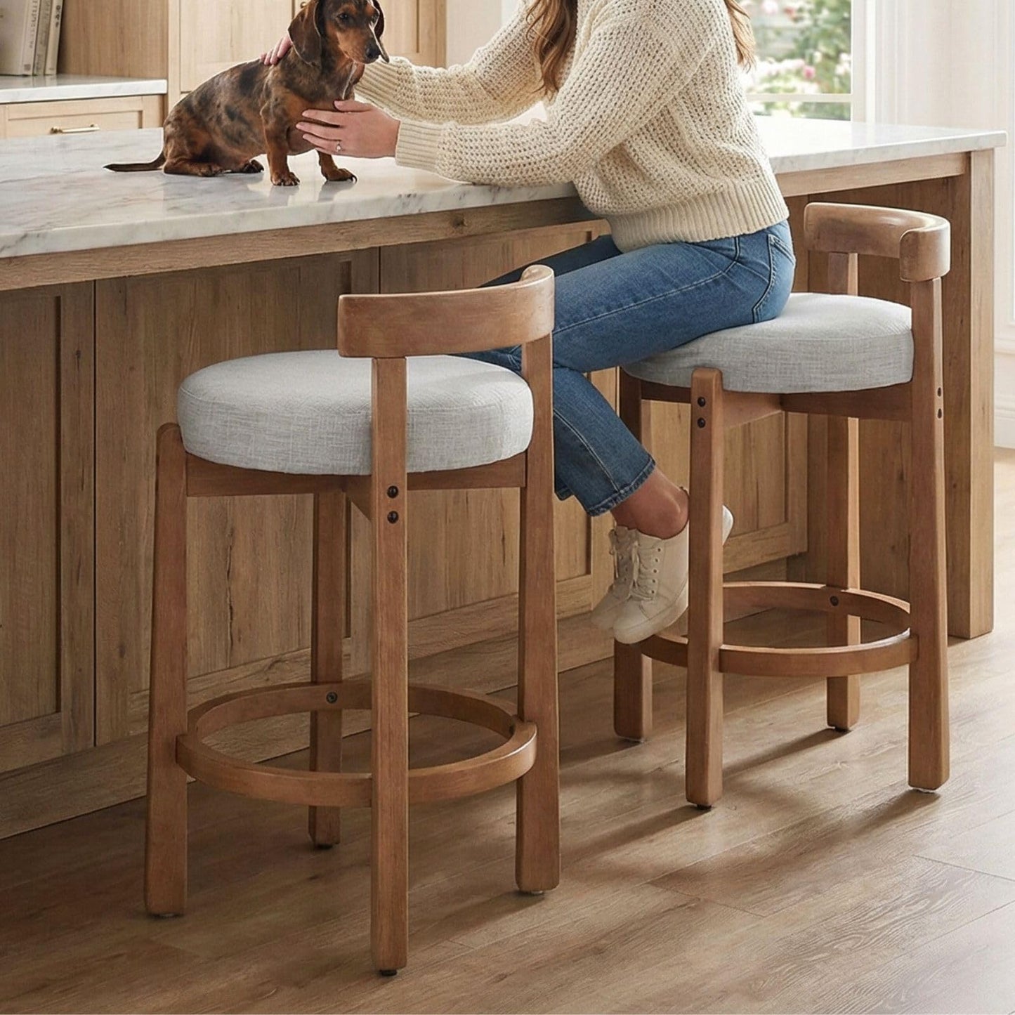 LukeAlon Mid Century Linen Counter Stools Set of 3, Upholstered 26.5" Seat Height Low Barstools with Natural Wood Legs Round Low Back Kitchen Stools with Footrest for Dining Room, Beige