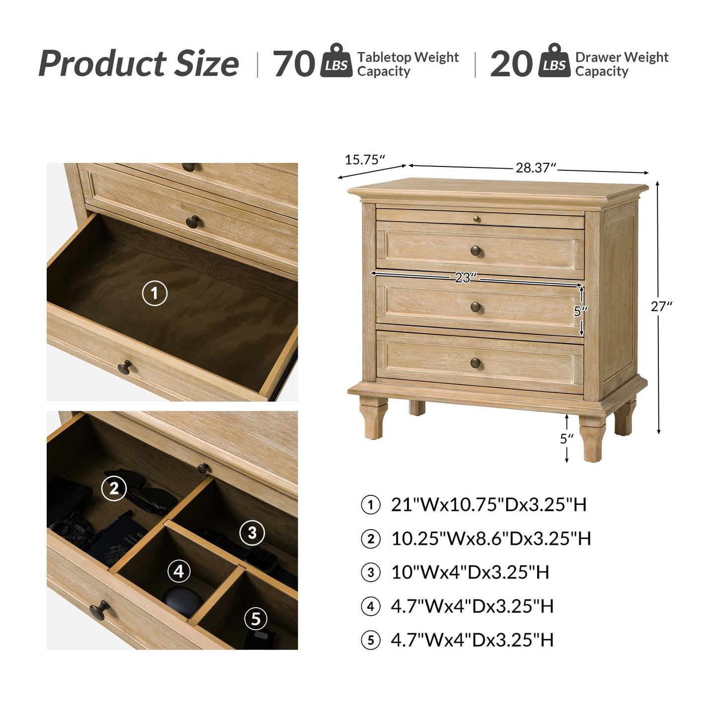 Solid Wood 3 Drawer End Table with Tray