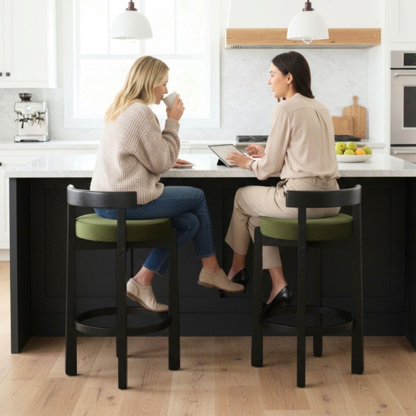 LukeAlon Mid Century Linen Counter Stools Set of 3, Upholstered 26.5" Seat Height Low Barstools with Natural Wood Legs Round Low Back Kitchen Stools with Footrest for Dining Room, Beige