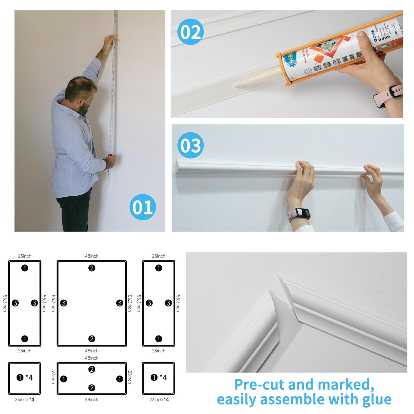 Pre-Cut Wall Molding Set of 6 pcs, Ready-to-Assemble Wainscoting Panels