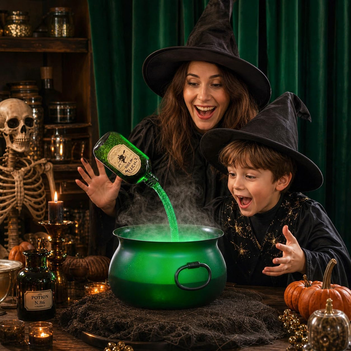 Large Translucent Witches Cauldron with Magic Floating Potion Bottles