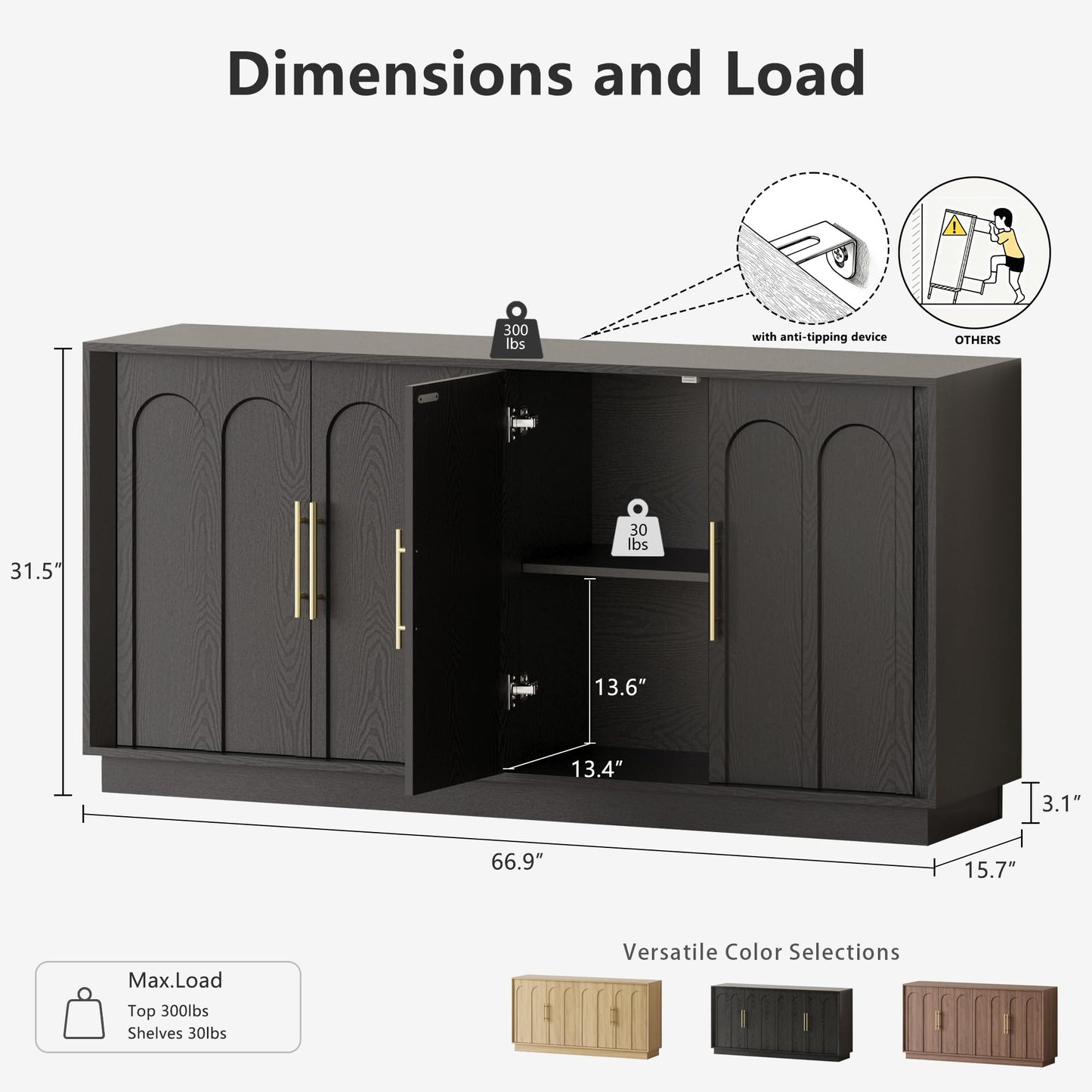 Sideboard Buffet Cabinet with Storage, Mid Century Modern Accent Cabinet with Arched Doors, Modular Media Console