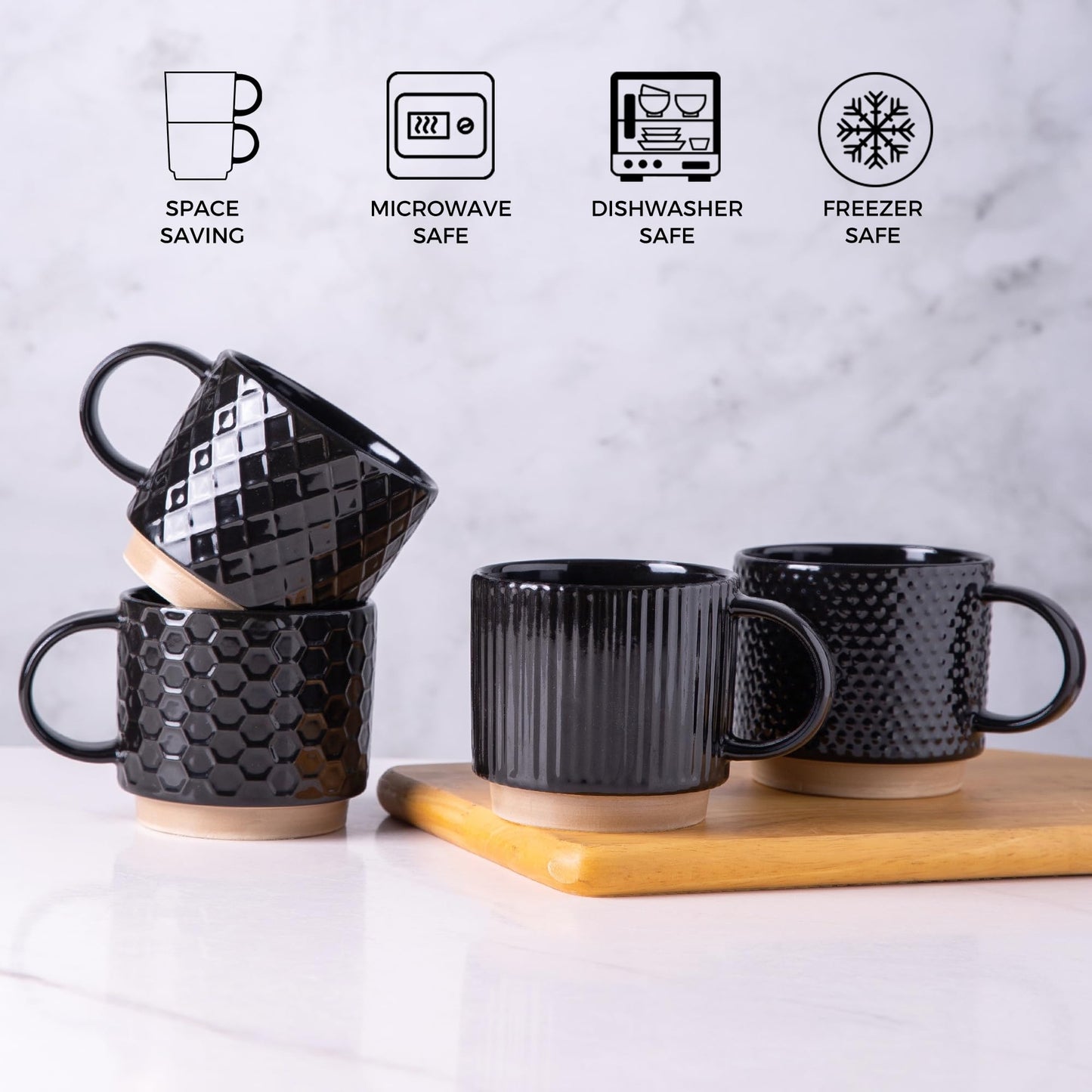 GBhome 12OZ Stackable Coffee Mugs, Ceramic Coffee Mugs with Texture Patterns for Man,Woman,Dad,Mom, Modern Coffee Mugs Set of 4 for Latte/Cappuccino/Cocoa. Dishwasher&Microwave Safe, Pale Khaki