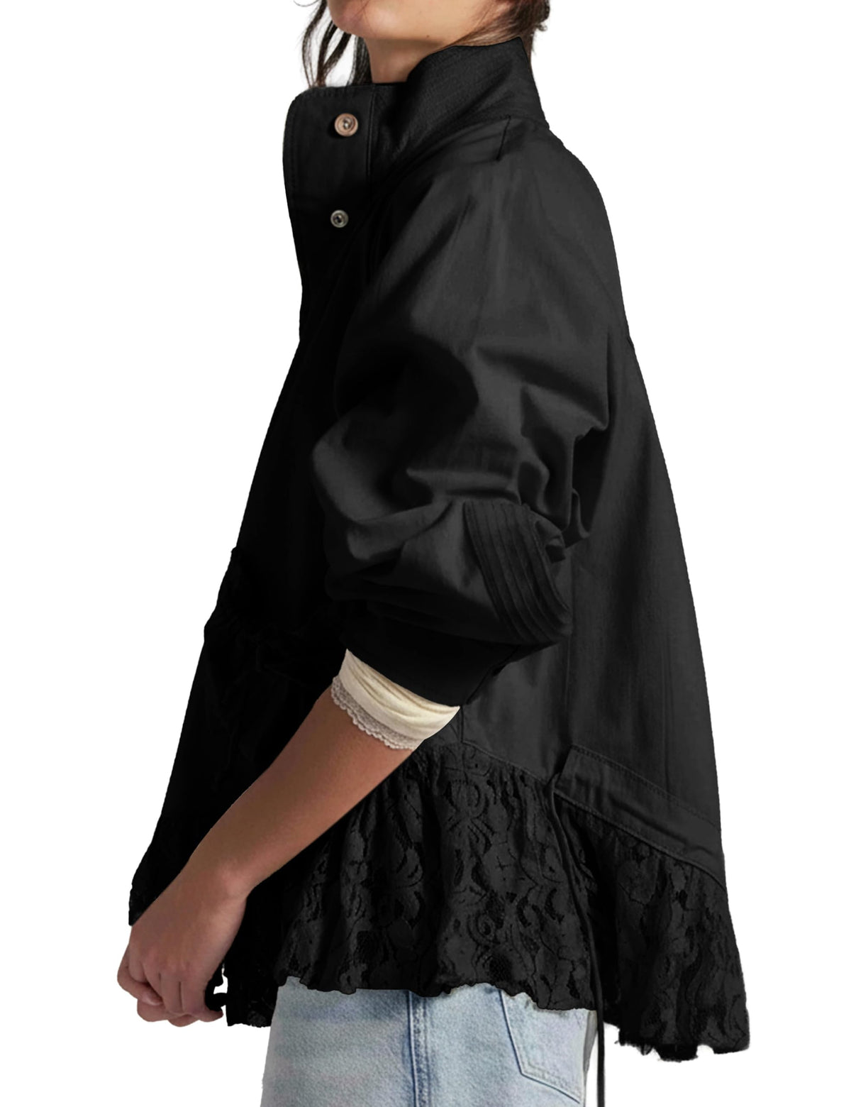 Womens Lace Trim Utility Jacket Lightweight Funnel Neck Casual Coat