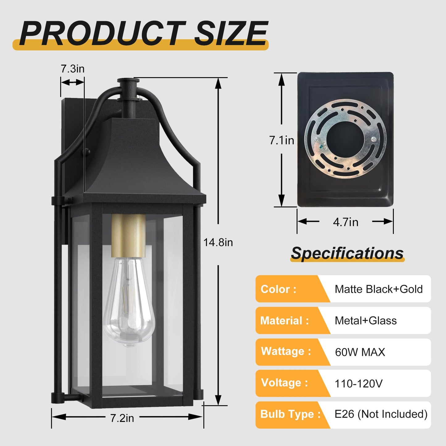 Outdoor Wall Lights Fixtures, Large Size Dusk to Dawn Waterproof Exterior Lanterns, Modern Porch Sconce Wall Mounted with Glass