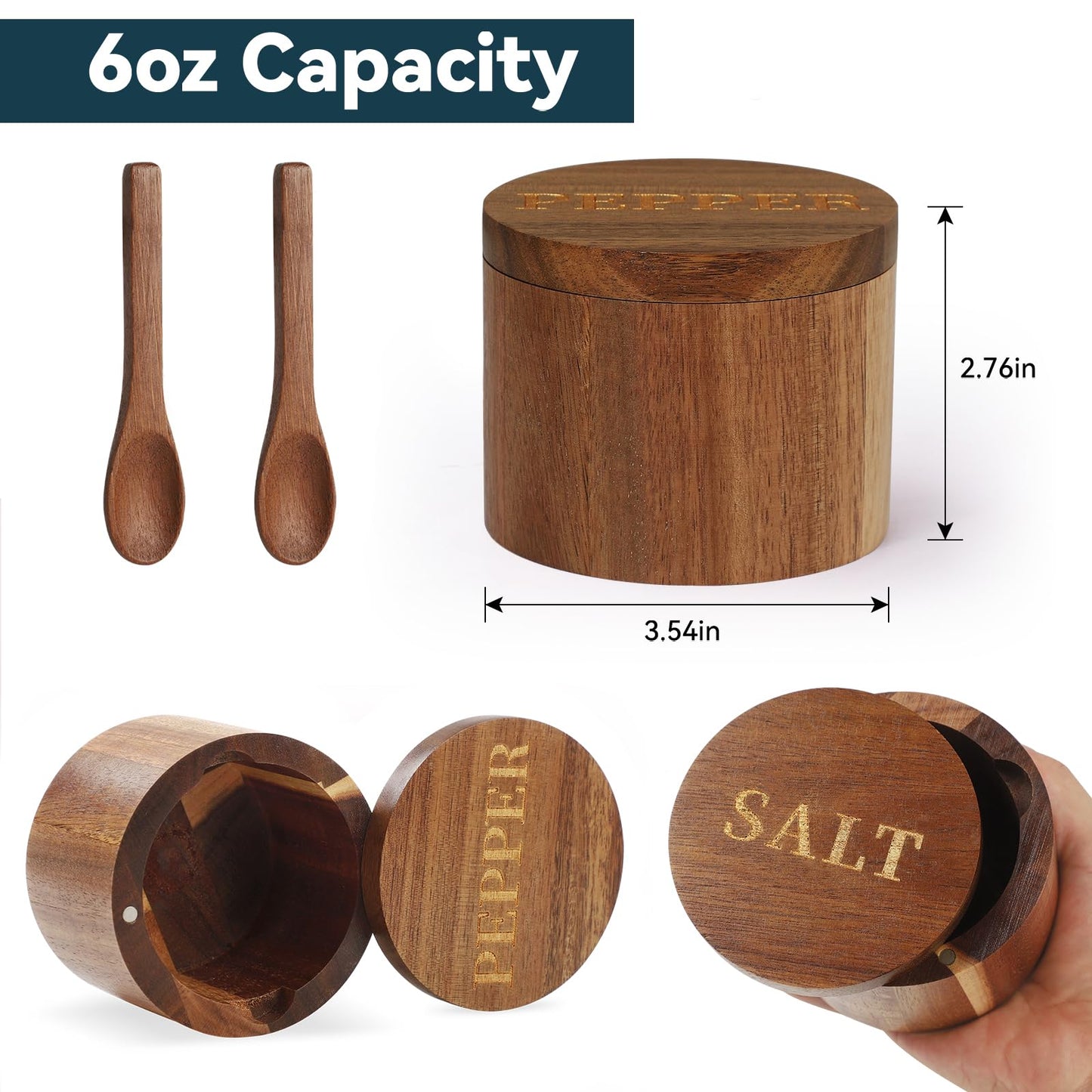Timtopno Salt Cellar, Acacia Wood Salt Container with Built-in Spoon & Swivel Lid, Engraved SALT Box, Salt Holder Bowl for Countertop Seasoning Storage
