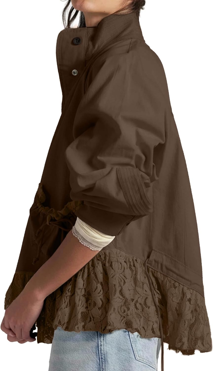 Womens Lace Trim Utility Jacket Lightweight Funnel Neck Casual Coat