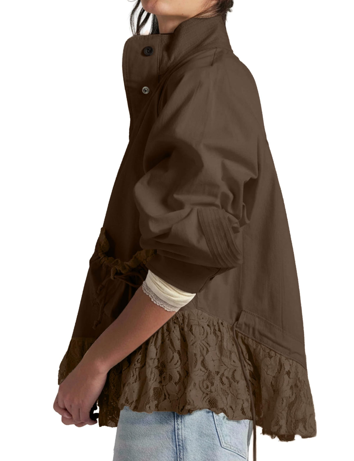 Womens Lace Trim Utility Jacket Lightweight Funnel Neck Casual Coat
