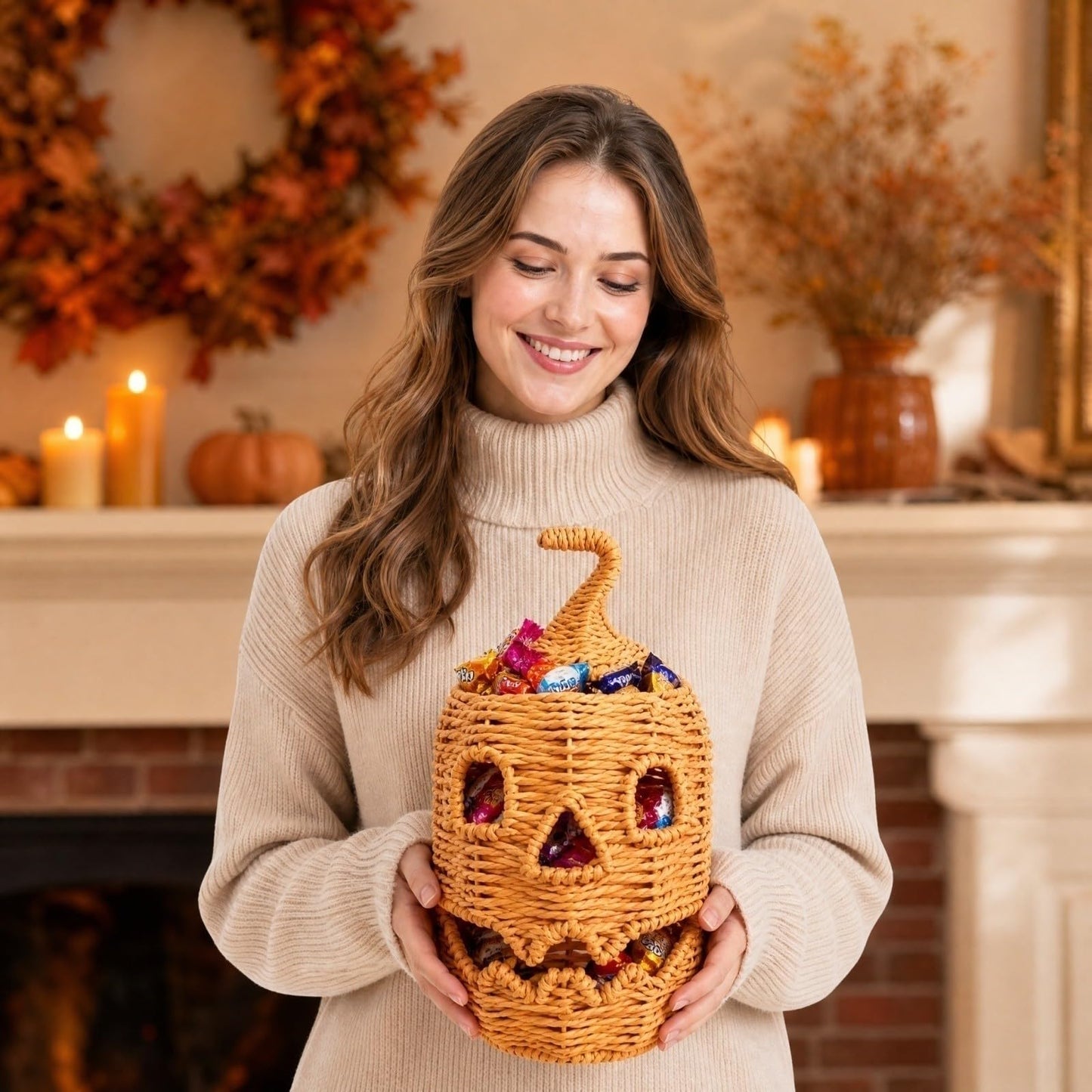 Rattan Lantern Pumpkin Candle Holder with Witch Hat Shape Lid