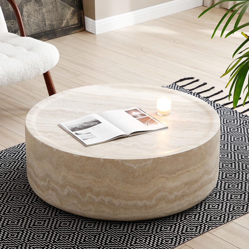WILLIAMSPACE 43.31" Rectangle Coffee Table with Burl Wood Veneer & Sturdy Base, Modern Luxury Wood Drum Center Table End Table Accent Side Table for Living Room, Minimalist Fluted Design, Oak