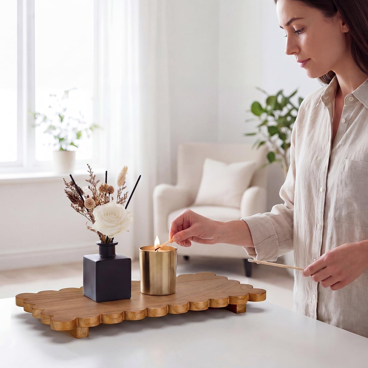 Scalloped Wood Riser Tray